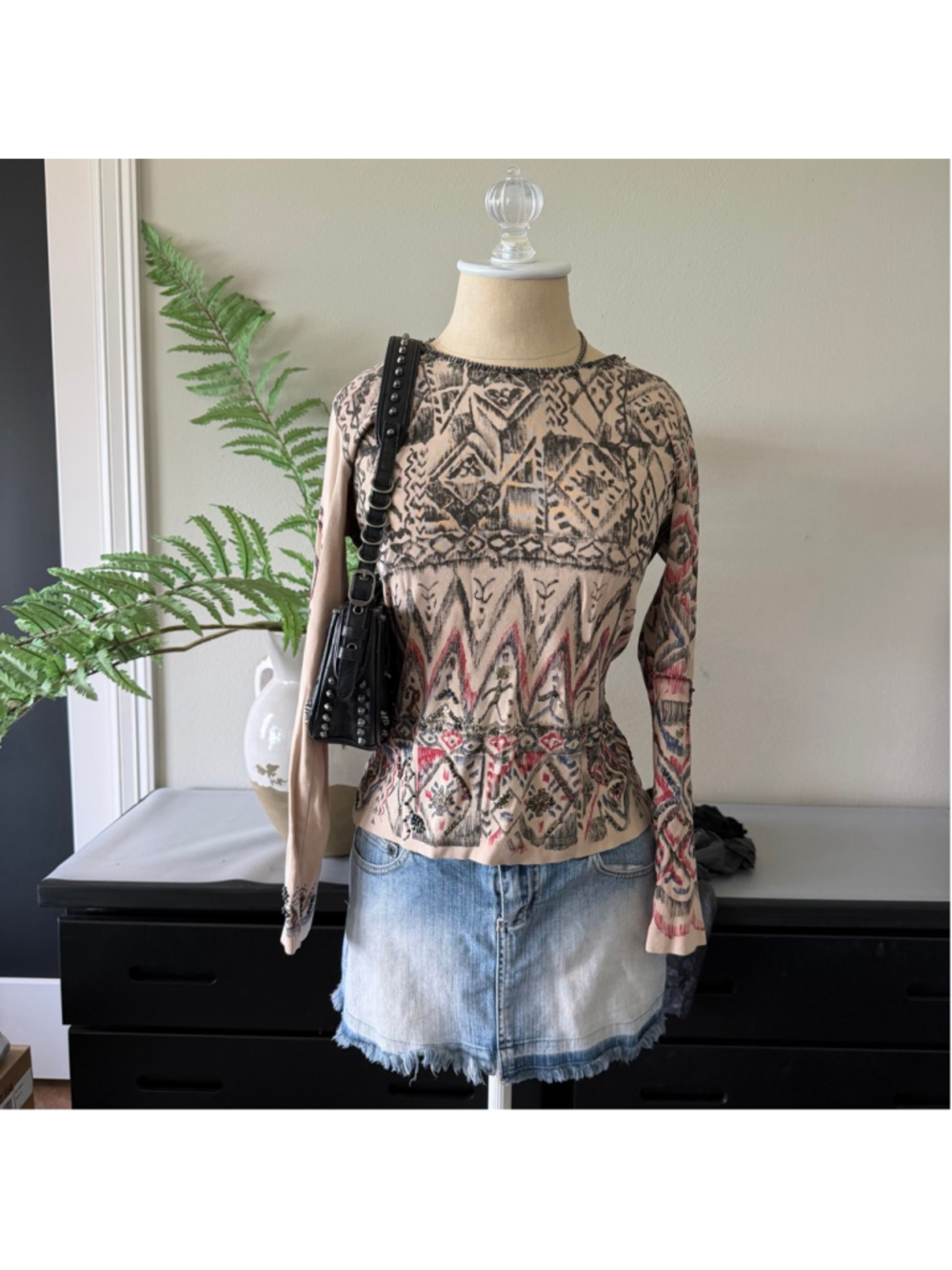Chico’s Whimsy Aztec Print Beaded Top Size S 100% Cotton Long Sleeve Boho